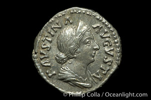 Roman emperor Faustina Junior (161-180 A.D.), depicted on ancient Roman coin (silver, denom/type: Denarius)