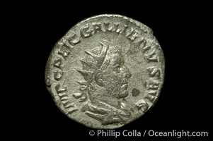 Roman emperor Gallienus (253-268 A.D.), depicted on ancient Roman coin (billion, denom/type: Antoninianus)