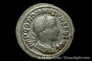 Roman emperor Gordian III (238-244 A.D.), depicted on ancient Roman coin (silver, denom/type: Antoninianus) (Ar. , Denarius 3.18g. RIC p. 24. Rare Coins of Third Issue, Pl. 2, 4.)
