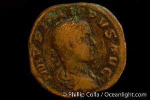 Roman emperor Philip II (247-249 A.D.), depicted on ancient Roman coin (bronze, denom/type: Sestertius) (AE Sestertius Obverse: IMP PHILIPPVS AVG. Reverse: PAX ATERNA SC. Pax standing left.)