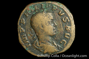 Roman emperor Philip II (247-249 A.D.), depicted on ancient Roman coin (bronze, denom/type: Sestertius) (AE Sestertius Obverse: IMP PHILIPPVS AVG. Reverse: PAX ATERNA SC. Pax standing left.)