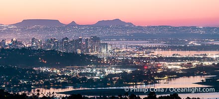 San Diego and Tijuana City Skyline, panoramic photo, viewed from Mount Soledad, Mission Bay, San Diego Bay, the Coronado Bay Bridge are also seen in this panorama