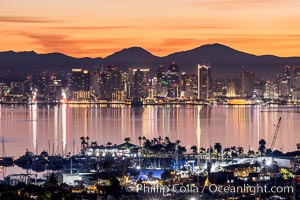 San Diego Bay and City Skyline at Sunrise, Mount San Miguel, viewed from Point Loma