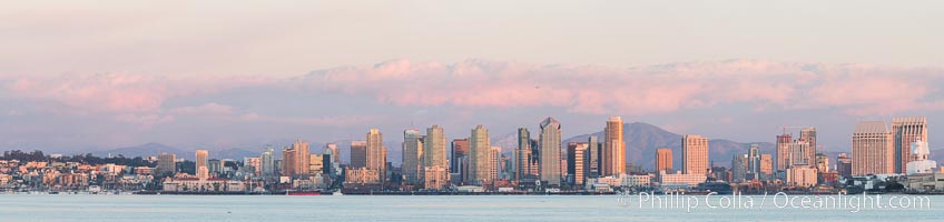 San Diego Bay and Skyline at sunset, viewed from Point Loma, panoramic photograph