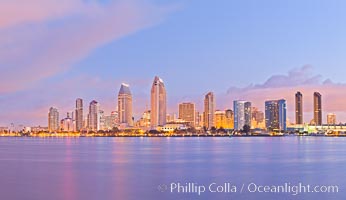 San Diego bay and skyline at sunrise, viewed from Coronado Island