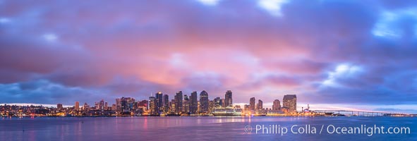 San Diego City Skyline viewed from Harbor Island, storm clouds at sunrise