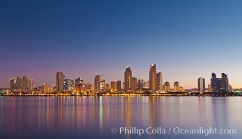 San Diego downtown city skyline and waterfront, sunrise, dawn, viewed from Coronado Island