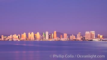 San Diego harbor and skyline, viewed at sunset