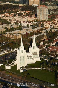 San Diego Mormon Temple, is seen amid the office and apartment buildings and shopping malls of University City, La Jolla, California