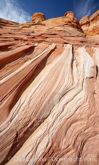 Striations in sandstone tell of eons of sedimentary deposits, a visible geologic record of the time when this region was under the sea, North Coyote Buttes, Paria Canyon-Vermilion Cliffs Wilderness, Arizona