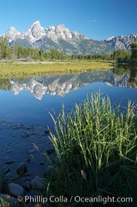 The Teton Range is reflected in the glassy waters of the Snake River at Schwabacher Landing, Grand Teton National Park, Wyoming