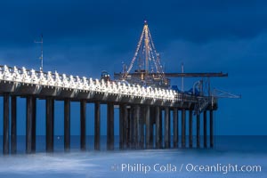 Scripps Institution of Oceanography Research Pier at dawn, with Christmas Lights and Christmas Tree, La Jolla, California