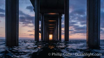 Scripps Pier, Surfer's view from among the waves. Research pier at Scripps Institution of Oceanography SIO, sunset, La Jolla, California