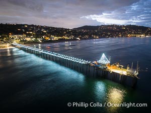 Scripps Pier with Holiday Christmas Lights Aerial Photo, seen here just before sunrise, La Jolla, California