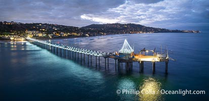 Scripps Pier with Holiday Christmas Lights Aerial Photo, seen here just before sunrise, La Jolla, California