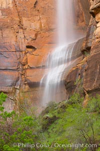 Waterfall at Temple of Sinawava during peak flow following spring rainstorm.  Zion Canyon, Zion National Park, Utah