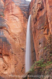Waterfall at Temple of Sinawava during peak flow following spring rainstorm.  Zion Canyon, Zion National Park, Utah