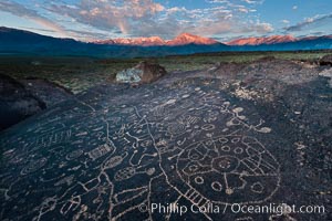 Sky Rock petroglyphs near Bishop, California.  Hidden atop on of the enormous boulders of the Volcanic Tablelands lies Sky Rock, a set of petroglyphs that face the sky.  These superb examples of native American petroglyph artwork are thought to be Paiute in origin, but little is known about them