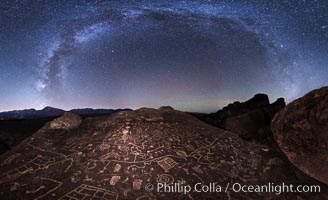 The Milky Way at Night over Sky Rock, panorama, spherical projection.  Sky Rock petroglyphs near Bishop, California. Hidden atop an enormous boulder in the Volcanic Tablelands lies Sky Rock, a set of petroglyphs that face the sky. These superb examples of native American petroglyph artwork are thought to be Paiute in origin, but little is known about them