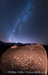 The Milky Way at Night over Sky Rock.  Sky Rock petroglyphs near Bishop, California. Hidden atop an enormous boulder in the Volcanic Tablelands lies Sky Rock, a set of petroglyphs that face the sky. These superb examples of native American petroglyph artwork are thought to be Paiute in origin, but little is known about them