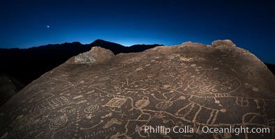 Sunset, planet Venus and stars over Sky Rock.  Sky Rock petroglyphs near Bishop, California. Hidden atop an enormous boulder in the Volcanic Tablelands lies Sky Rock, a set of petroglyphs that face the sky. These superb examples of native American petroglyph artwork are thought to be Paiute in origin, but little is known about them