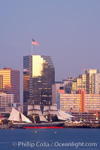 The Star of India is tied to her dock along the waterfront of San Diego harbor