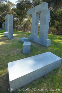 Stonehenge, or what is officially known as the La Jolla Project, was the third piece in the Stuart Collection at University of California San Diego (UCSD).  Commissioned in 1984 and produced by Richard Fleishner, the granite blocks are spread on the lawn south of Galbraith Hall on Revelle College at UCSD, University of California, San Diego