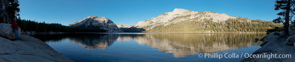 Tenaya Lake at sunset, panoramic view looking north, with Tenaya Peak (10,280') on the right and Medlicott Dome (9,880') on the left.  Tenaya Lake lies at 8,150' in the heart of Yosemite's high country, Yosemite National Park, California