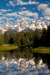 The Grand Tetons, reflected in the glassy waters of the Snake River at Schwabacher Landing, on a beautiful summer morning, Grand Teton National Park, Wyoming