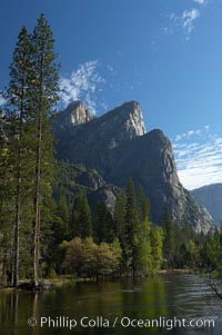 Three Brothers rises above the Merced River, Yosemite Valley, Yosemite National Park, California