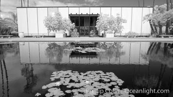 Tinken Museum of Art, reflected in lily pond, infrared, Balboa Park, San Diego, California