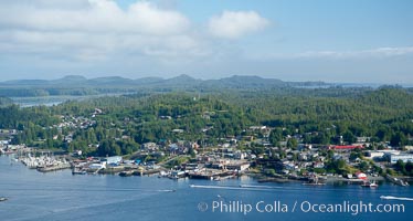 Tofino, a small beautiful town on the edge of Clayoquot Sound and the Pacific Ocean on the west coast of Vancouver Island, aerial photo