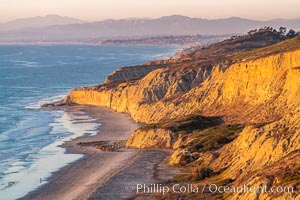 Torrey Pines sea cliffs at sunset, Flat Rock at low tide, looking north, Blacks Beach, La Jolla, California