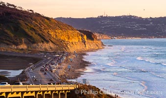 Torrey Pines State Beach at Sunset, La Jolla, Mount Soledad and Blacks Beach in the distance, Torrey Pines State Reserve, San Diego, California