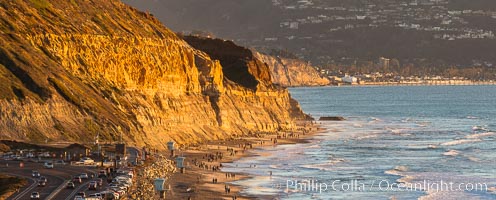 Torrey Pines State Beach at Sunset, La Jolla, Mount Soledad and Blacks Beach in the distance, Torrey Pines State Reserve, San Diego, California