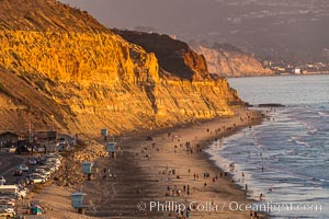 Torrey Pines State Beach at Sunset, La Jolla, Mount Soledad and Blacks Beach in the distance, Torrey Pines State Reserve, San Diego, California