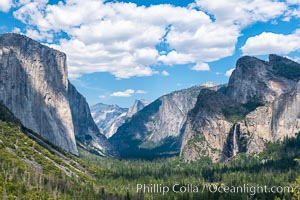 Tunnel view with El Capitan and Bridalveil Falls, in spring, Yosemite National Park