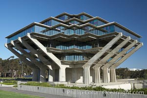 The UCSD Library (Geisel Library, UCSD Central Library) at the University of California, San Diego.  UCSD Library.  La Jolla, California.  On December 1, 1995 The University Library Building was renamed Geisel Library in honor of Audrey and Theodor Geisel (Dr. Seuss) for the generous contributions they have made to the library and their devotion to improving literacy.  In The Tower, Floors 4 through 8 house much of the Librarys collection and study space, while Floors 1 and 2 house service desks and staff work areas.  The library, designed in the late 1960s by William Pereira, is an eight story, concrete structure sited at the head of a canyon near the center of the campus. The lower two stories form a pedestal for the six story, stepped tower that has become a visual symbol for UCSD