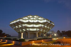 UCSD Library glows with light in this night time exposure (Geisel Library, UCSD Central Library), University of California, San Diego, La Jolla