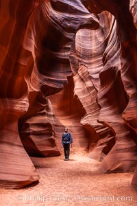 A hiker admiring the striated walls and dramatic light within Antelope Canyon, a deep narrow slot canyon formed by water and wind erosion, Navajo Tribal Lands, Page, Arizona