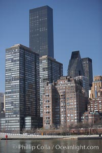 New York Citys Upper East Side, viewed from the East River.  The Trump World Tower rises in the background, Manhattan