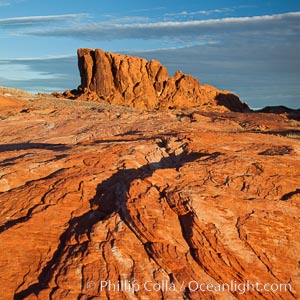 Sandstone striations and butte, dawn, Valley of Fire State Park