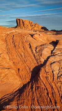 Sandstone striations and butte, dawn, Valley of Fire State Park