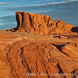 Sandstone striations and butte, dawn, Valley of Fire State Park