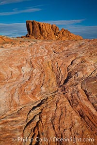 Sandstone striations and butte, dawn, Valley of Fire State Park