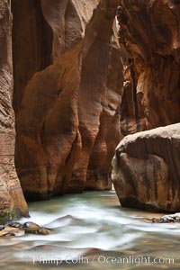 The Virgin River flows through the Zion Narrows, with tall sandstone walls towering hundreds of feet above, Virgin River Narrows, Zion National Park, Utah