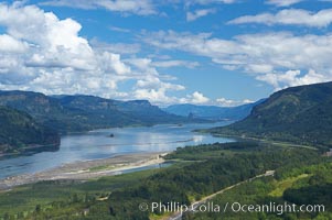 The Columbia River stretches to the east, viewed from the Vista House overlook high above the Oregon (south) side of the river, Columbia River Gorge National Scenic Area