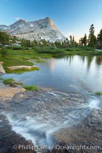 Vogelsang Peak (11516') at sunset, reflected in a small creek near Vogelsang High Sierra Camp in Yosemite's high country, Yosemite National Park, California