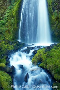 Wahkeena Falls drops 249 feet in several sections through a lush green temperate rainforest, Columbia River Gorge National Scenic Area, Oregon