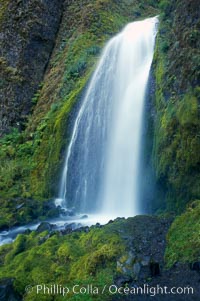Wahkeena Falls drops 249 feet in several sections through a lush green temperate rainforest, Columbia River Gorge National Scenic Area, Oregon